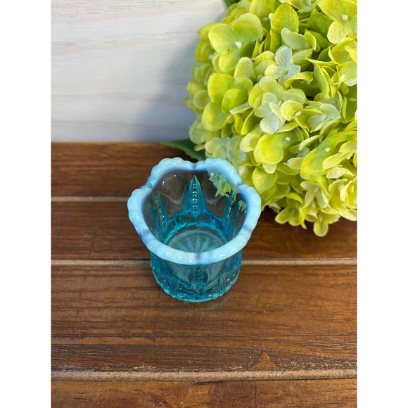 Antique Jefferson Blue Opalescent Glass Iris and Meander Toothpick Holder - Picture 2 of 5